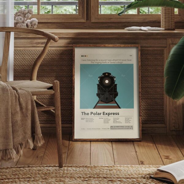 Mid-century modern style Polar Express movie poster with vintage furniture design