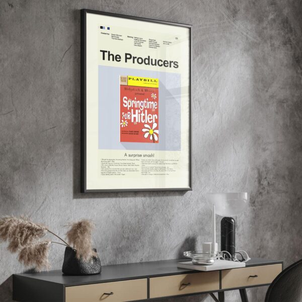 Mid-century modern poster of The Producers movie with vintage furniture design