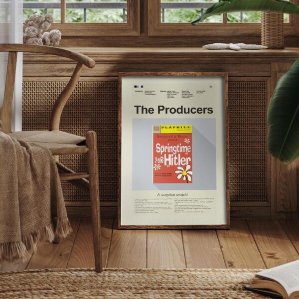 Mid-century modern poster of The Producers movie with vintage furniture design