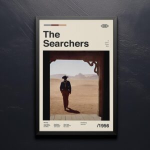 The Searchers movie poster in mid-century modern graphic design style