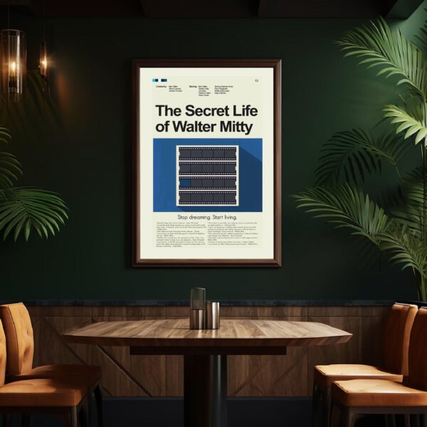 Mid-century modern movie poster of The Secret Life of Walter Mitty with 20th century art style
