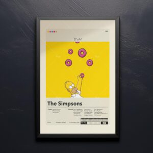 Mid-century modern style poster of The Simpsons Movie with vintage furniture
