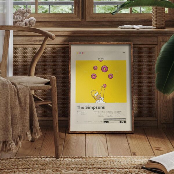 Mid-century modern style poster of The Simpsons Movie with vintage furniture