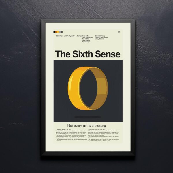 Mid-century modern style poster of The Sixth Sense movie in a house setting