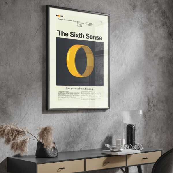 Mid-century modern style poster of The Sixth Sense movie in a house setting