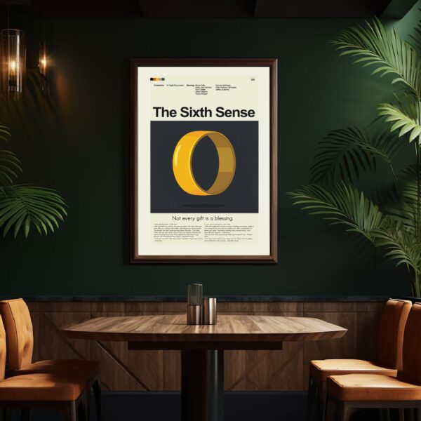 Mid-century modern style poster of The Sixth Sense movie in a house setting
