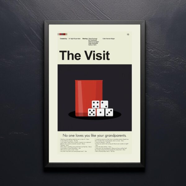 Mid-century modern poster of The Visit movie with vintage design elements