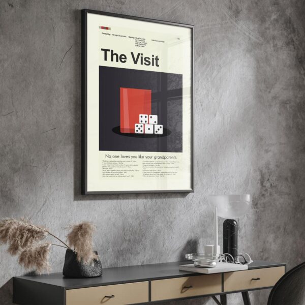 Mid-century modern poster of The Visit movie with vintage design elements