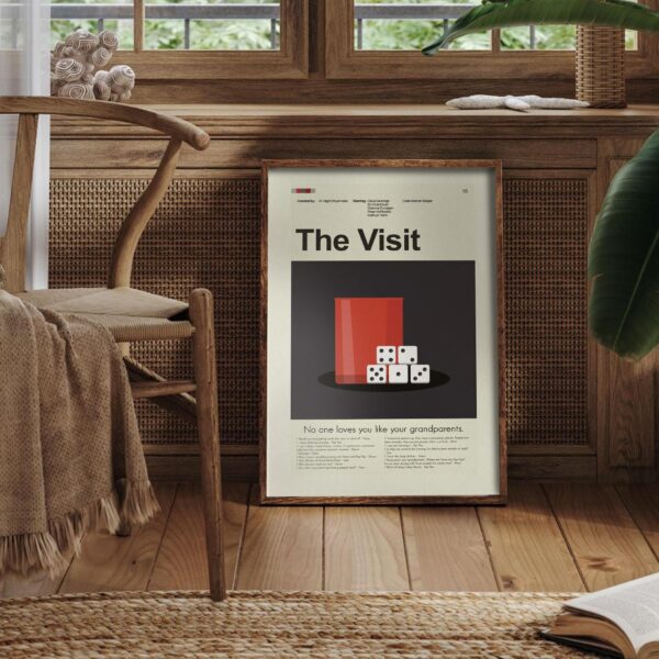 Mid-century modern poster of The Visit movie with vintage design elements