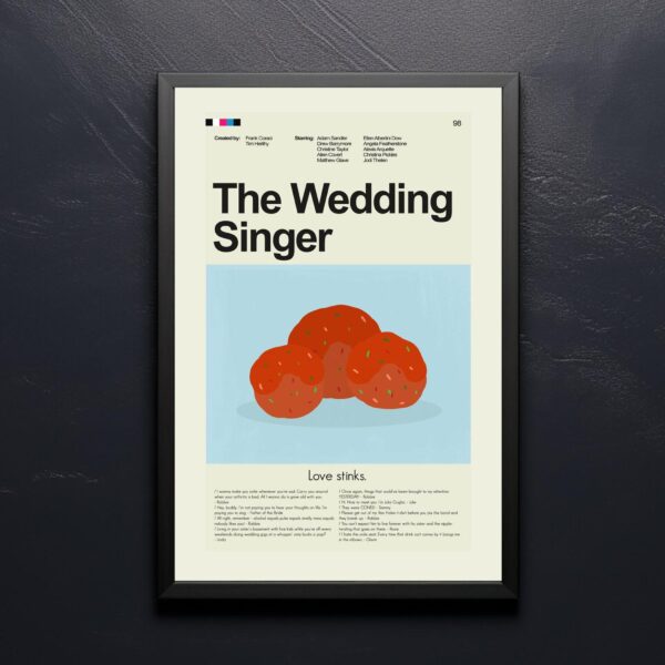 Mid-century modern style poster of The Wedding Singer movie advertising art
