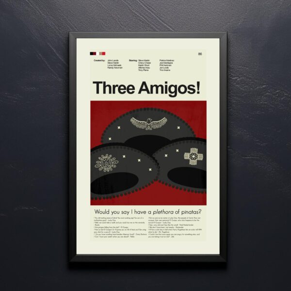 Vintage mid-century modern poster of ¡Three Amigos! movie artwork