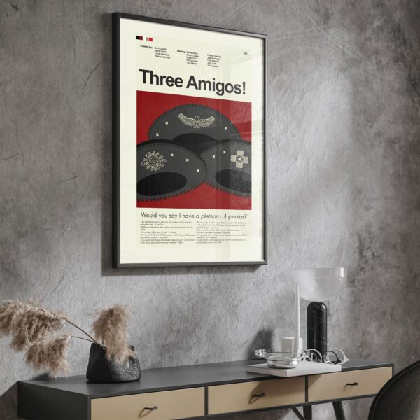 Vintage mid-century modern poster of ¡Three Amigos! movie artwork