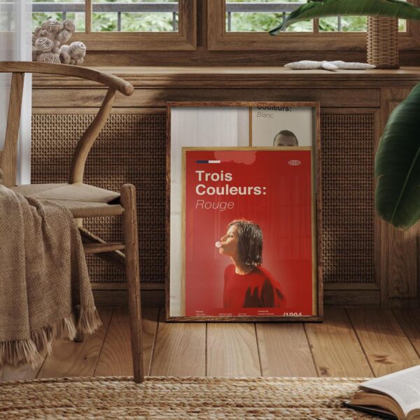 Mid-century modern red movie poster with three color design and retro style