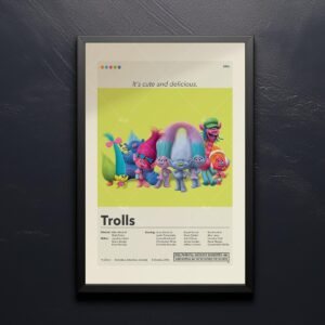 Mid-century modern style Trolls movie poster with vibrant colors and minimalist design
