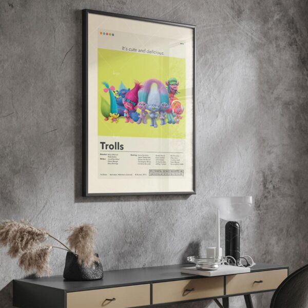 Mid-century modern style Trolls movie poster with vibrant colors and minimalist design
