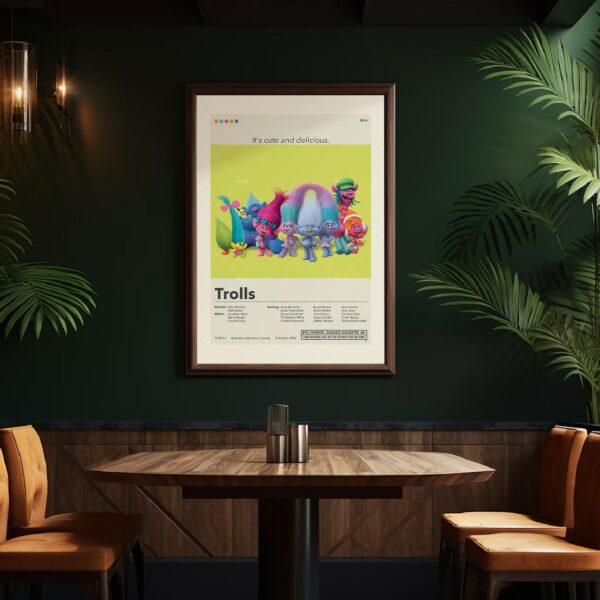 Mid-century modern style Trolls movie poster with vibrant colors and minimalist design
