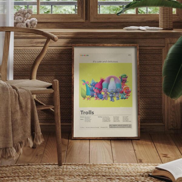 Mid-century modern style Trolls movie poster with vibrant colors and minimalist design