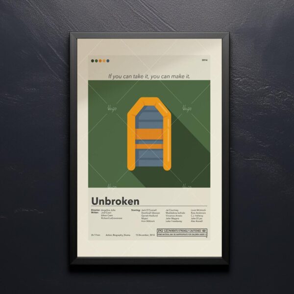 Mid-century modern Unbroken movie poster with vintage design and typography
