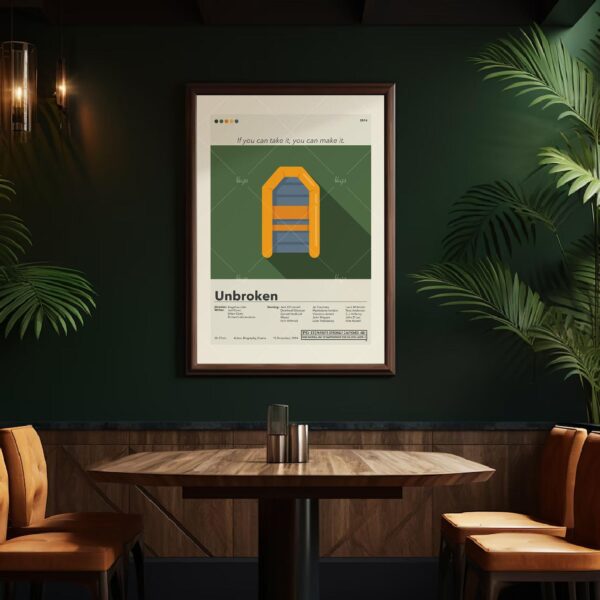 Mid-century modern Unbroken movie poster with vintage design and typography