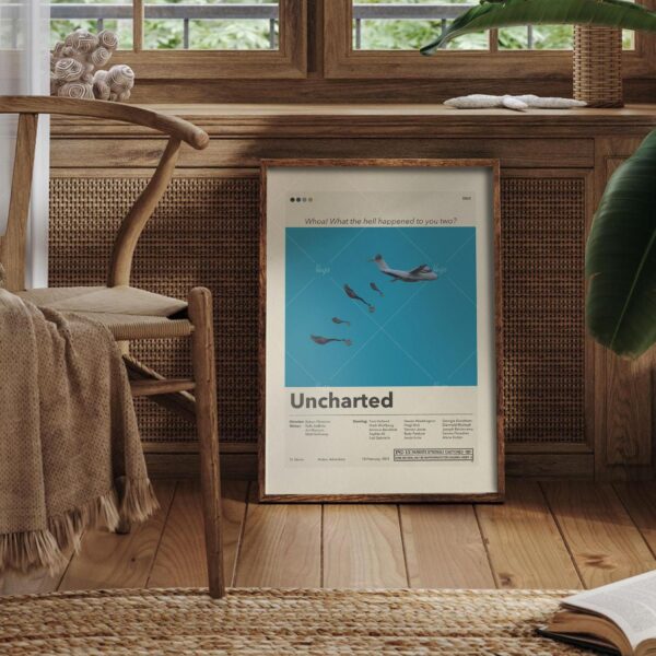 Uncharted movie poster in mid-century modern graphic design style