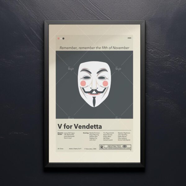 Mid-century modern V for Vendetta movie poster art with vintage design