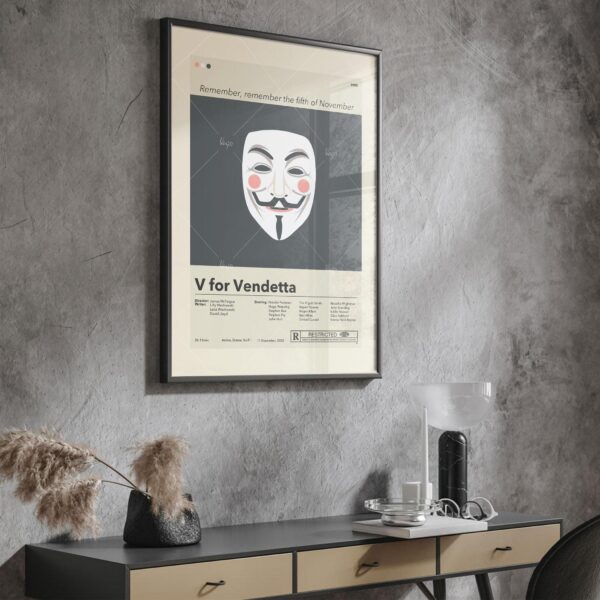 Mid-century modern V for Vendetta movie poster art with vintage design