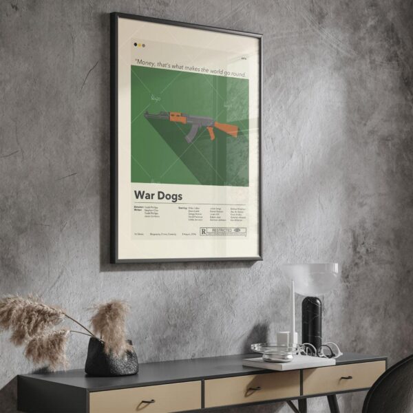 Mid-century modern War Dogs movie poster design with vintage style