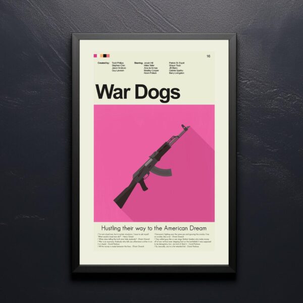 Mid-century modern War Dogs movie poster with vintage design elements