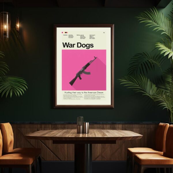 Mid-century modern War Dogs movie poster with vintage design elements