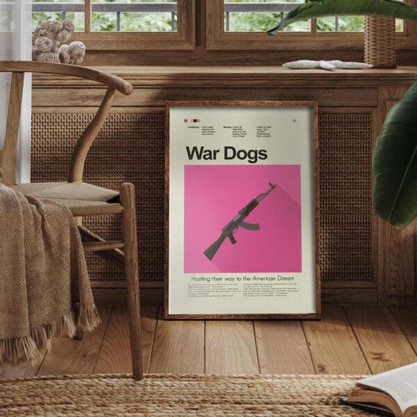 Mid-century modern War Dogs movie poster with vintage design elements