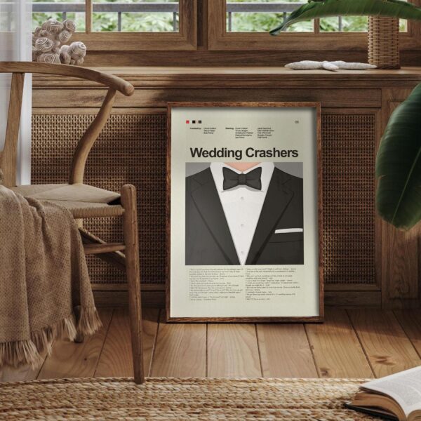 Mid-century modern style Wedding Crashers movie poster with house illustration