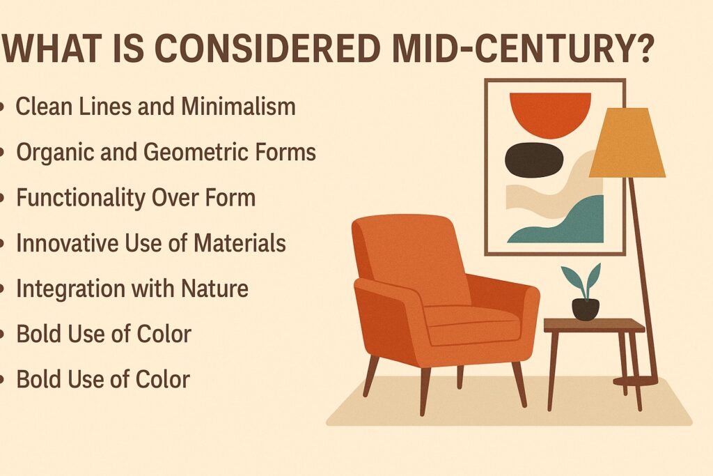 Infographic explaining mid-century design traits with a vintage orange armchair, wall art, lamp, and a list of key style features on beige background