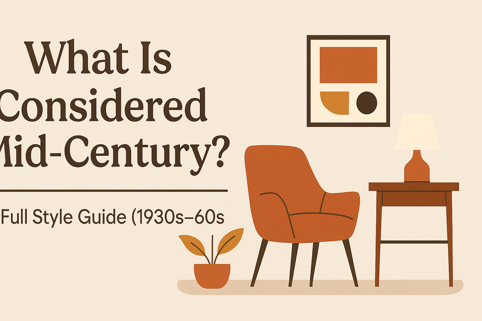 What Is Considered Mid-Century? Illustration of mid-century modern interior design with armchair, side table, lamp, and abstract wall art on a beige background