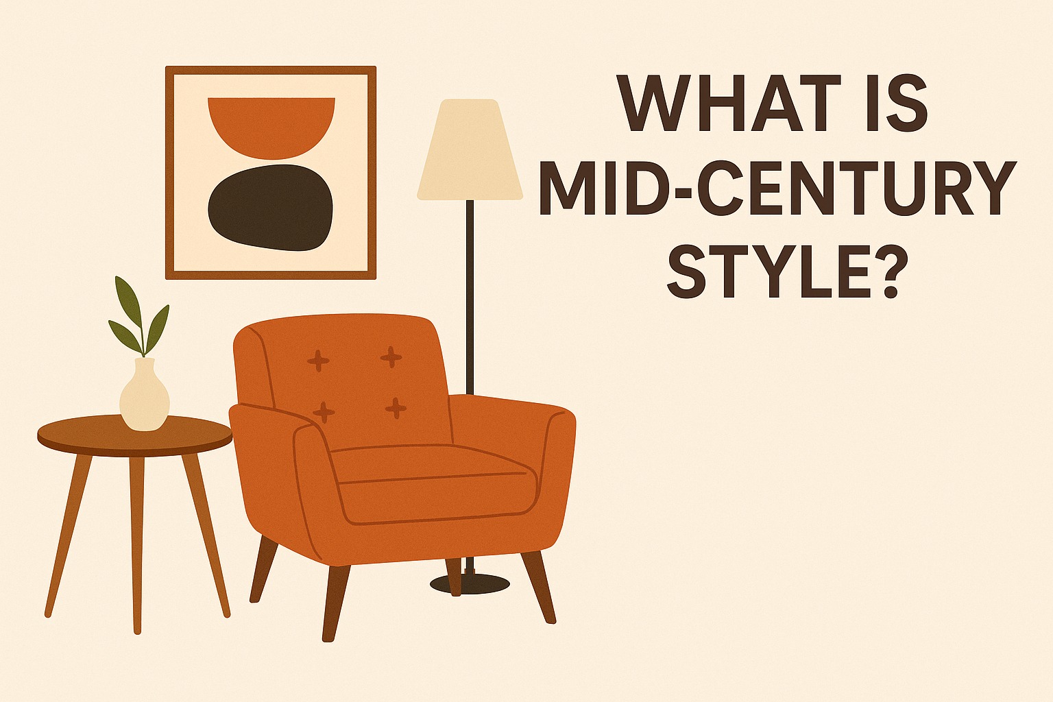 Illustration of mid-century style living room with orange armchair, round table, floor lamp, and abstract art, captioned "What Is Mid-Century Style?"