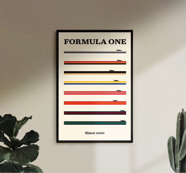 Bauhaus inspired movie poster featuring F1 race cars