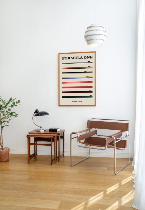 Bauhaus inspired movie poster featuring F1 race cars